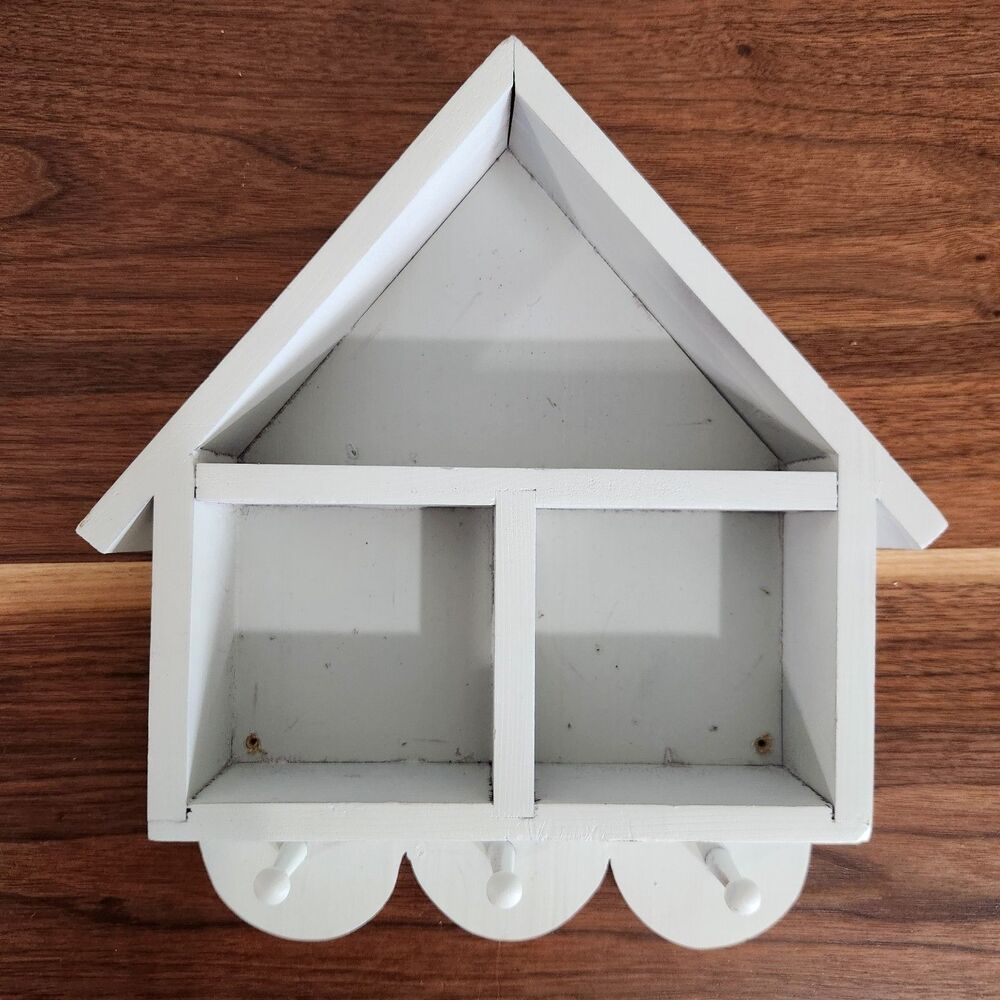 Vintage Wood House Shaped Wall Shelf Trinket Curio Cottagecore Decorative Hooks - Picture 7 of 13